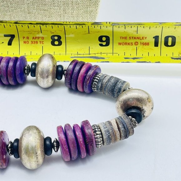 Purple Disc Necklace Silver Tone Beads Ethnic Native Tribal Southwest Classic - Picture 8 of 8